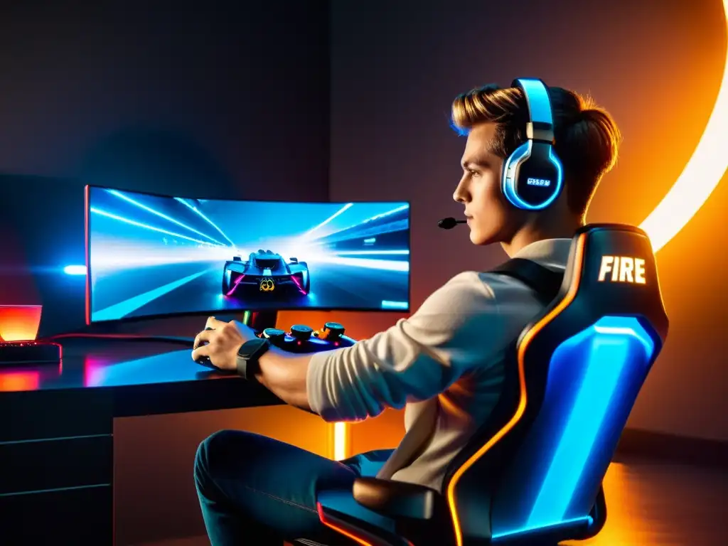 Un jugador profesional se sumerge en Free Fire con un elegante gamepad en un ambiente futurista, destacando su diseño ergonómico y botones receptivos