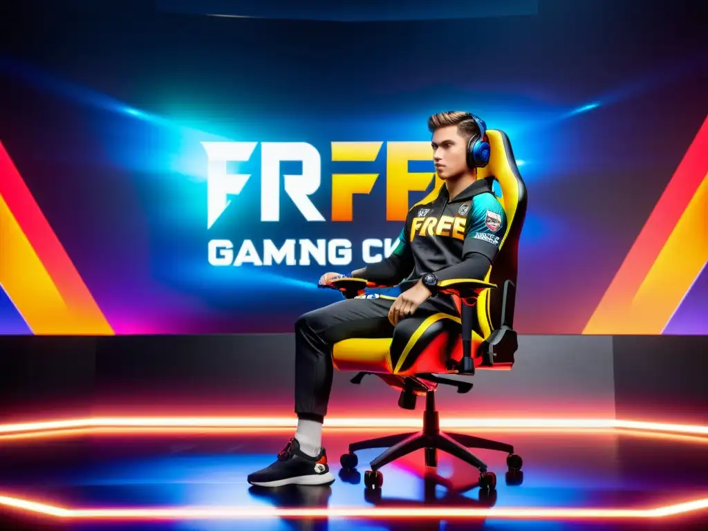 Jugador profesional de esports concentrado en su silla gaming, rodeado de logotipos de patrocinadores, creando una escena aspiracional