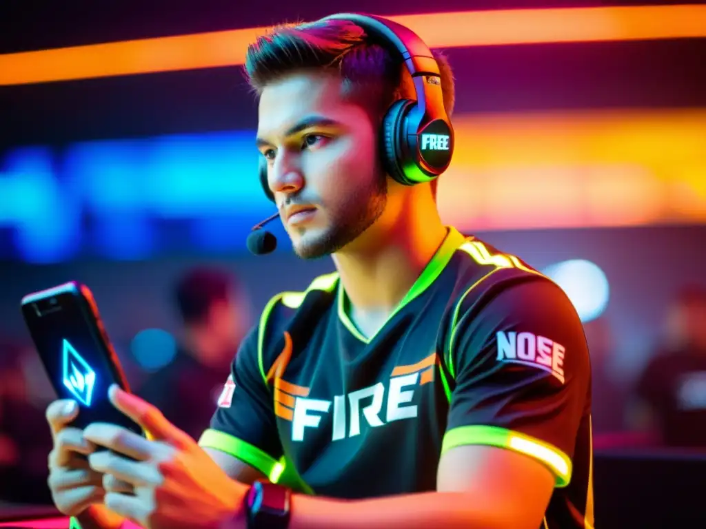 Jugador profesional de esports concentrado en su smartphone durante un torneo de Free Fire, adaptándose a situaciones inesperadas con determinación y concentración