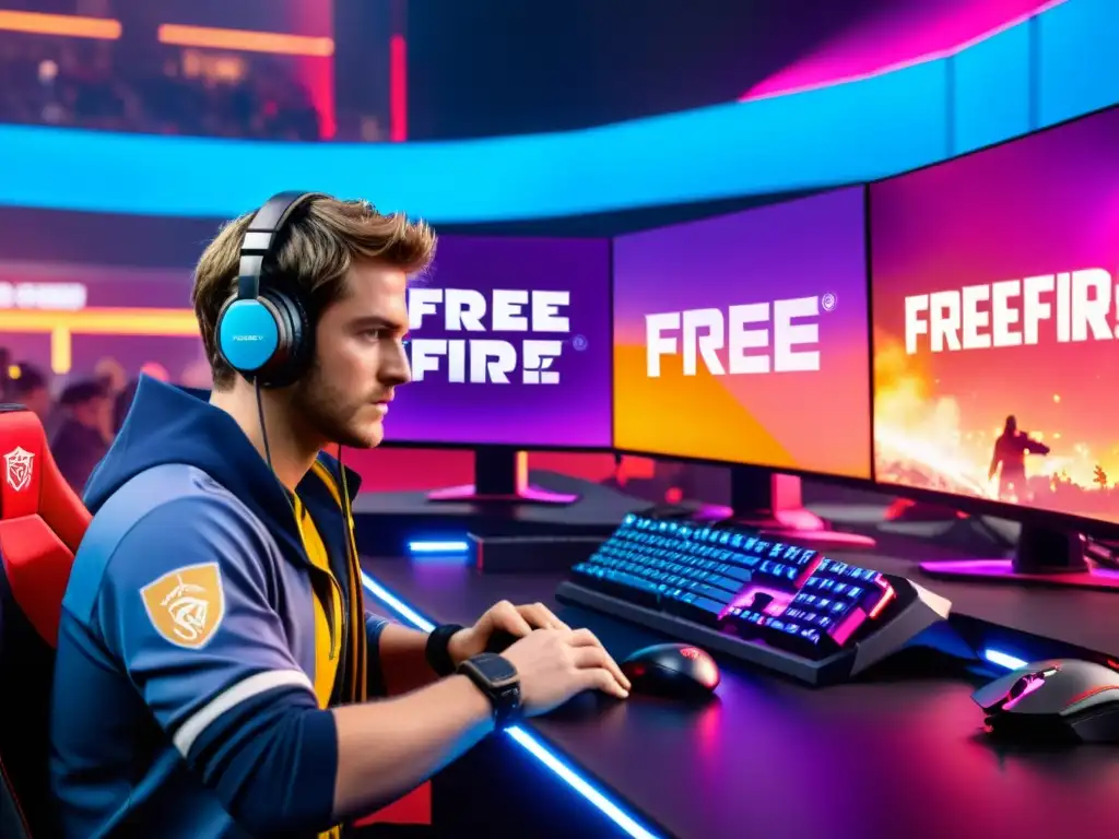 Un jugador profesional de esports se concentra en el juego, rodeado de tecnología y patrocinios en un vibrante escenario de Free Fire