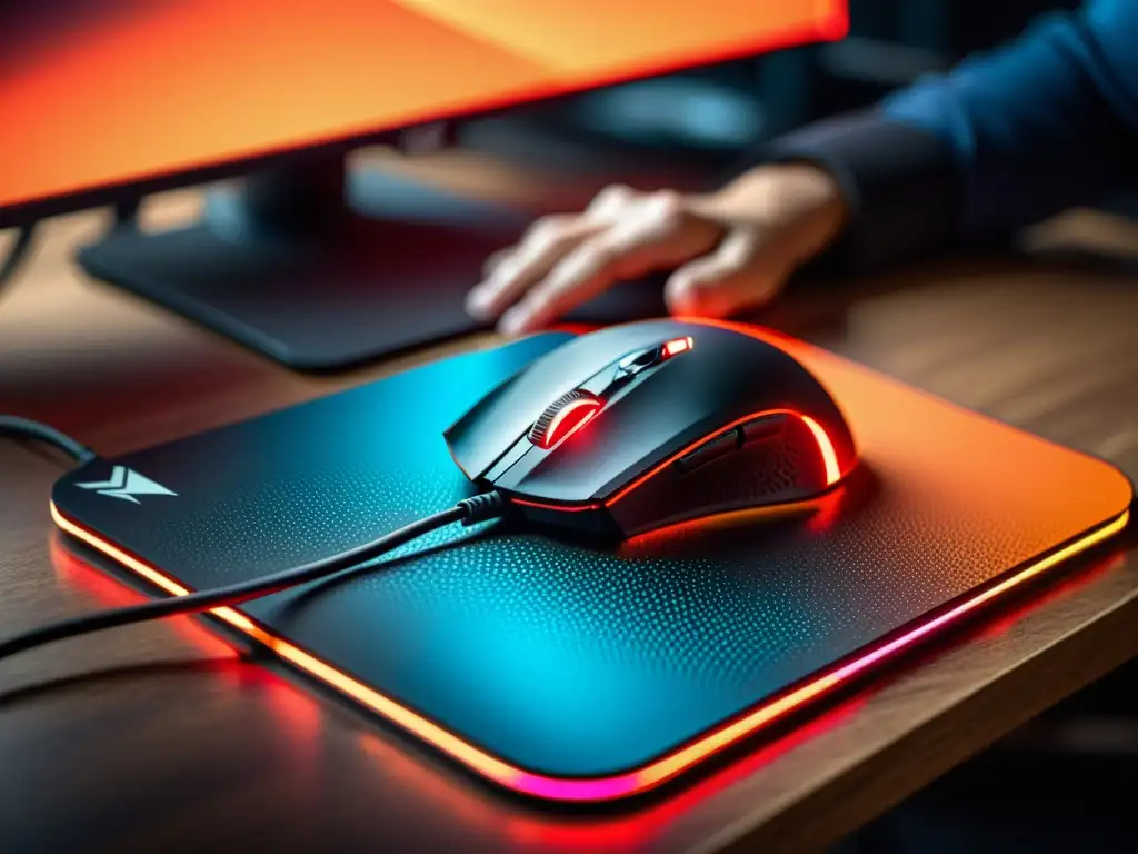 Un jugador profesional de esports usa el mejor mousepad para Free Fire, con patrones y texturas que optimizan el movimiento del mouse