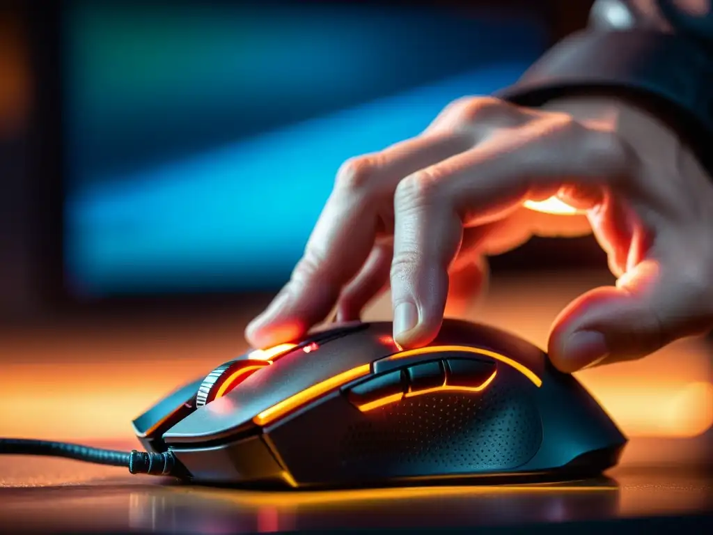 Un jugador profesional de esports se concentra intensamente en la pantalla, con las manos sudorosas sujetando el mouse