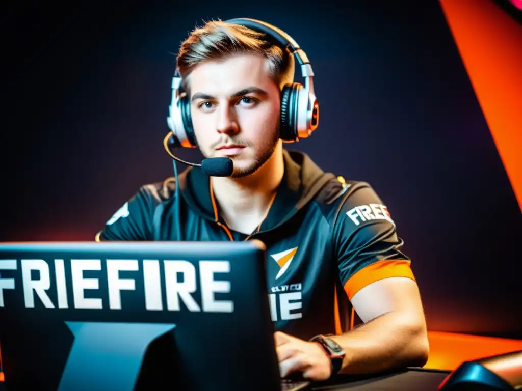 Un jugador profesional de esports se concentra intensamente en un torneo de FreeFire, rodeado de tecnología de vanguardia