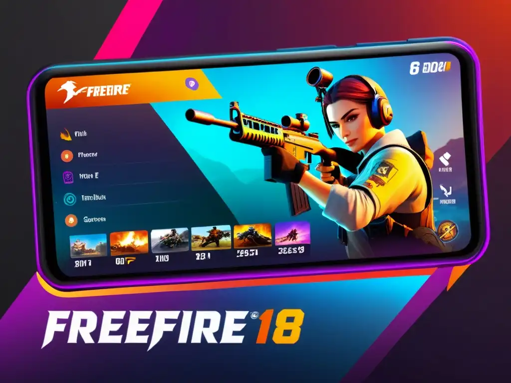 Un jugador profesional navegando la interfaz de FreeFire, destacando los principios de diseño de interfaz en un juego vibrante y moderno