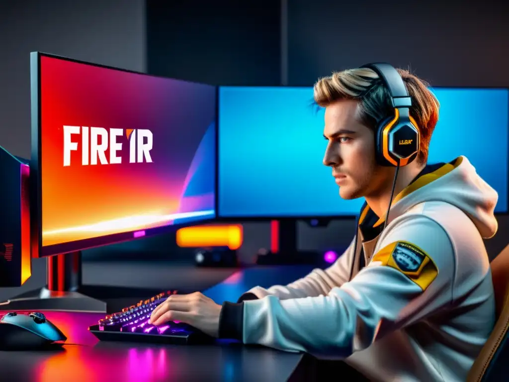 Un jugador profesional de Free Fire analiza el juego en un monitor de alta tecnología, rodeado de periféricos