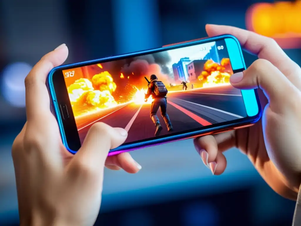 Un jugador profesional sostiene el mejor smartphone para jugar Free Fire, con una pantalla vibrante y acción intensa en alta resolución