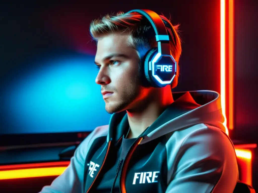 Un jugador profesional de Free Fire usa los mejores auriculares gaming en una sala de juego futurista y envolvente