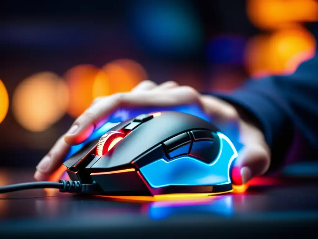 Un jugador profesional de FreeFire concentra su mirada y destreza en la partida, con manos expertas sobre un mouse gaming iluminado con RGB