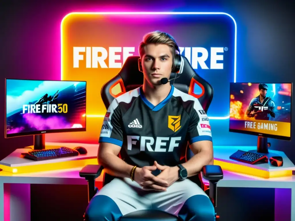 'Jugador profesional de Free Fire atrae patrocinadores en sala de juego con trofeos y premios