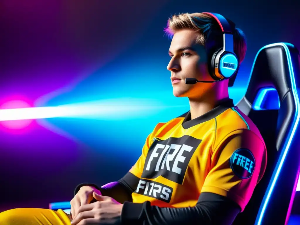 Un jugador profesional de Free Fire integrando patrocinios en un asombroso escenario futurista, con determinación en su rostro