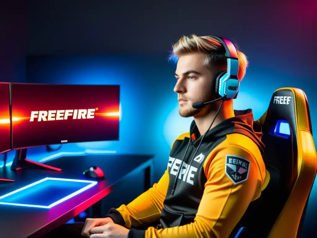 Un jugador profesional de FreeFire eSports concentradísimo rodeado de equipo gaming y monitores, transmitiendo una atmósfera moderna y dinámica