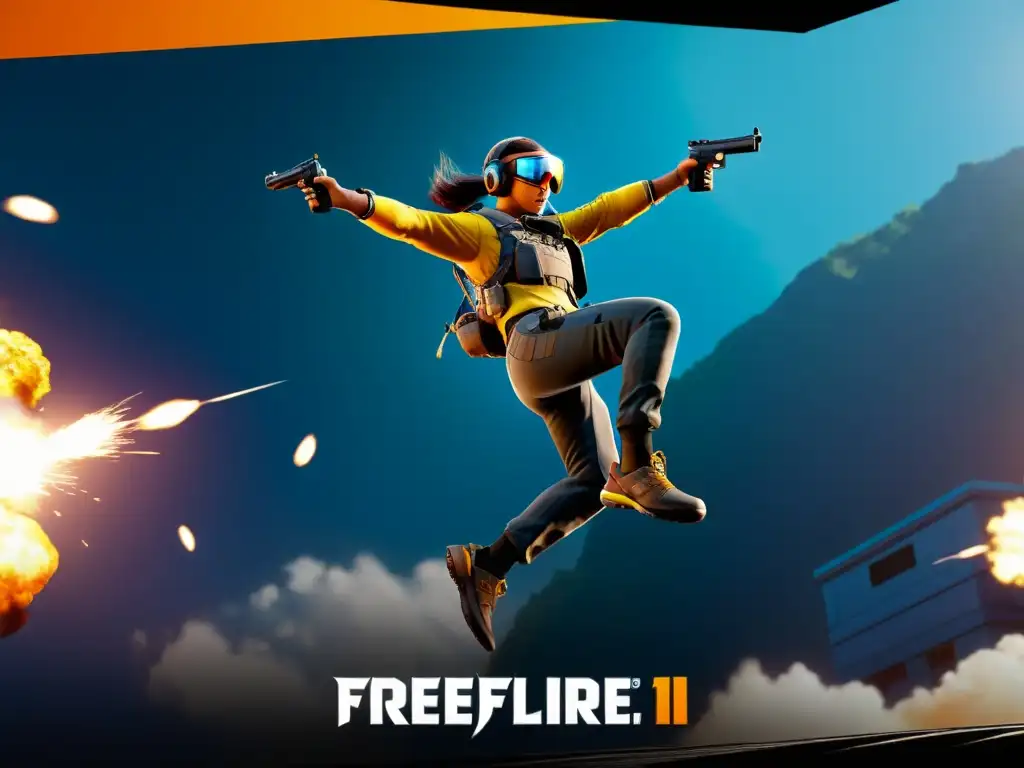 Un jugador profesional ejecuta técnicas de movimiento en FreeFire, mostrando habilidad y precisión en el vibrante escenario del juego