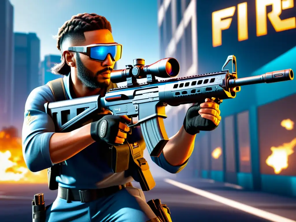 Un jugador con un rifle de asalto SCAR personalizado en Free Fire, en una escena de batalla intensa con iluminación dinámica