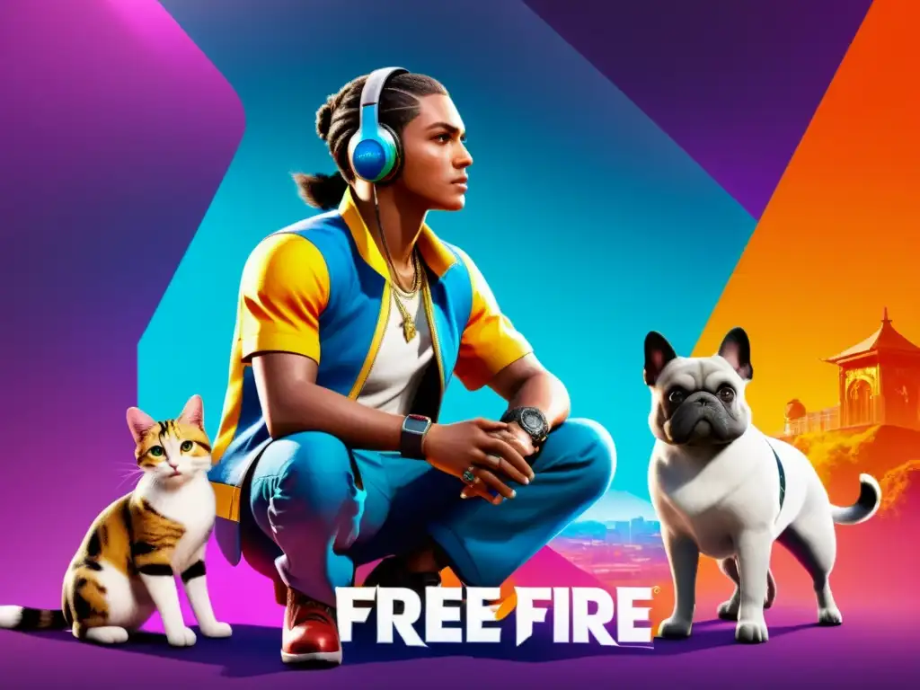 Un jugador de Free Fire rodeado de diversas mascotas, cada una con habilidades únicas