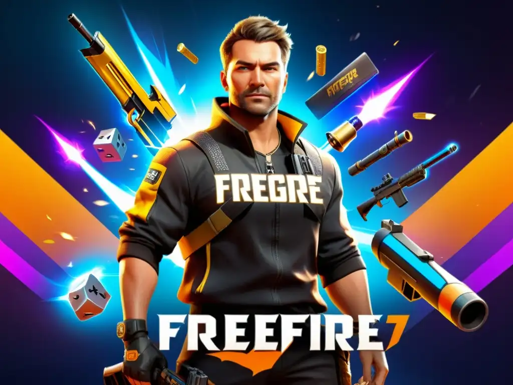 Un jugador de FreeFire rodeado de recompensas, con una expresión determinada, en un entorno futurista