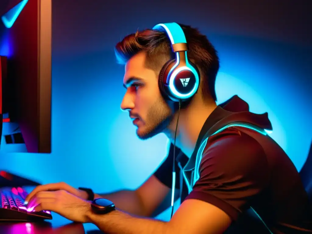 Un jugador se concentra en su sala oscura, iluminado por monitores, usando auriculares gaming para escuchar pasos