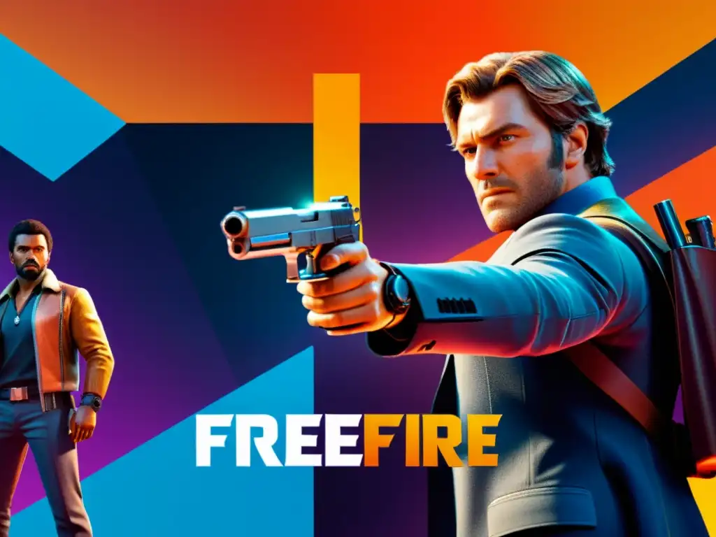 Un jugador de Free Fire toma una decisión crítica sobre la selección óptima de armas, con un fondo de armas detalladas y expresión concentrada