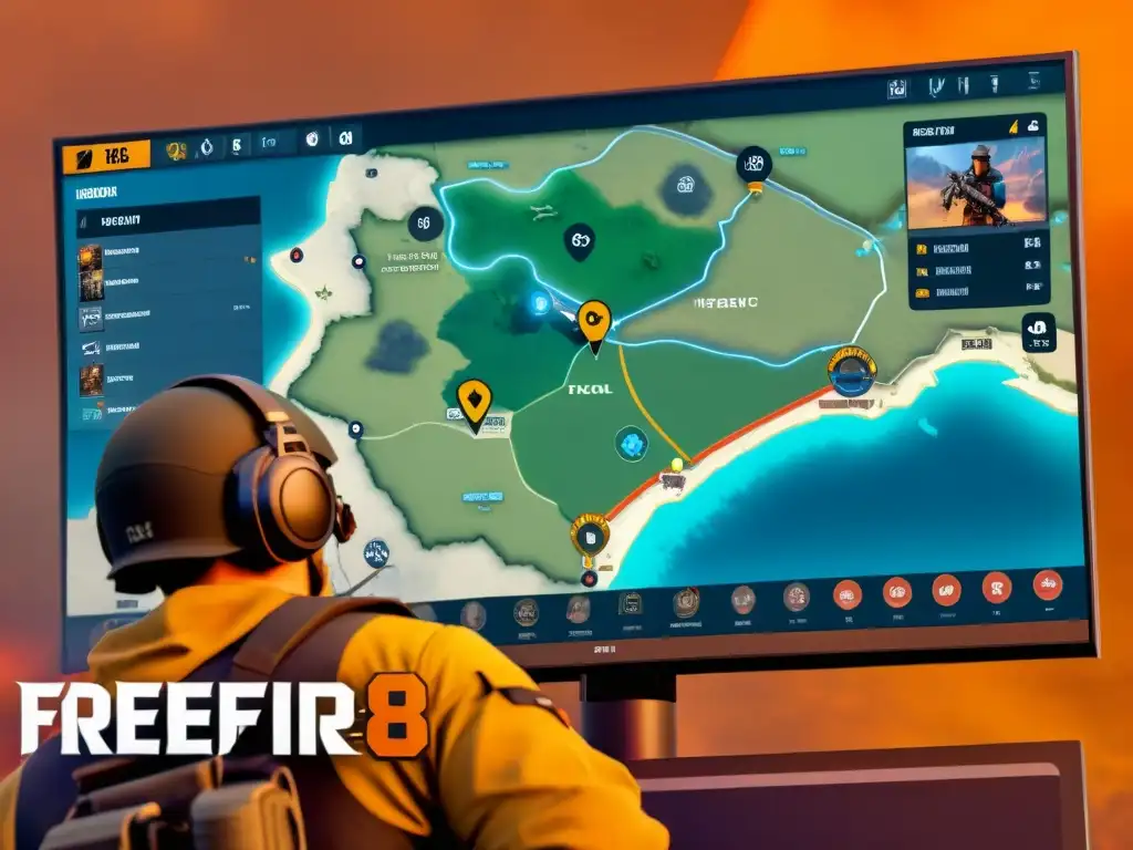 Un jugador de FreeFire analiza tácticas avanzadas en el mapa del juego con intensa concentración, rodeado de elementos del entorno del juego