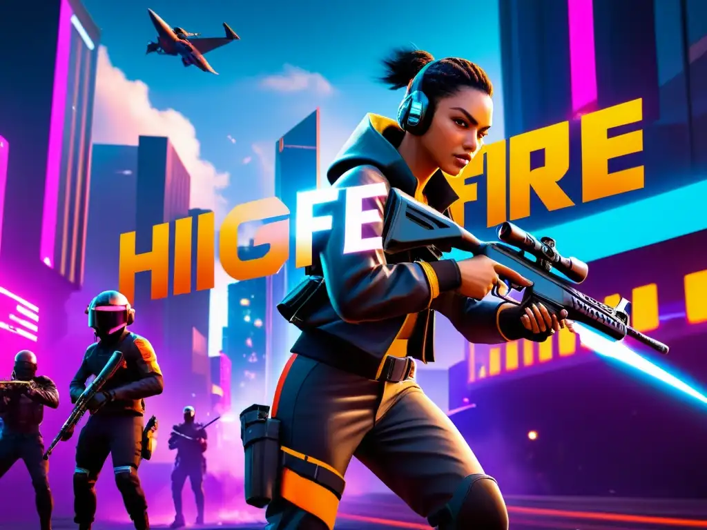 Un jugador de FreeFire ejecutando técnicas de movimiento avanzadas en un campo de batalla urbano futurista, con intensa concentración y precisión