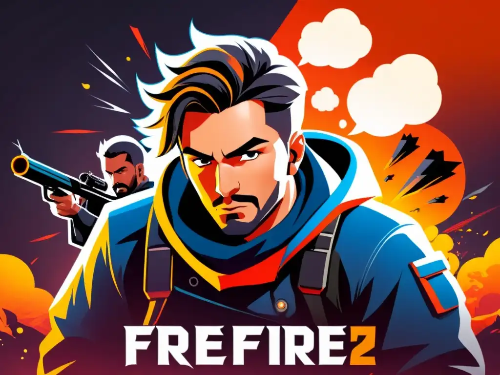 Un jugador de FreeFire tenso y concentrado, con pensamientos estratégicos en burbujas