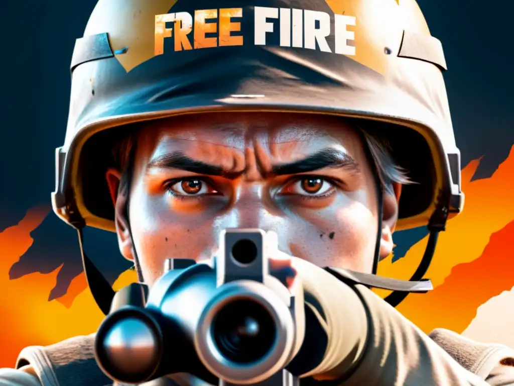 Jugador de Free Fire tenso en la zona segura, con sudor en la frente, mirada enfocada y arma en mano