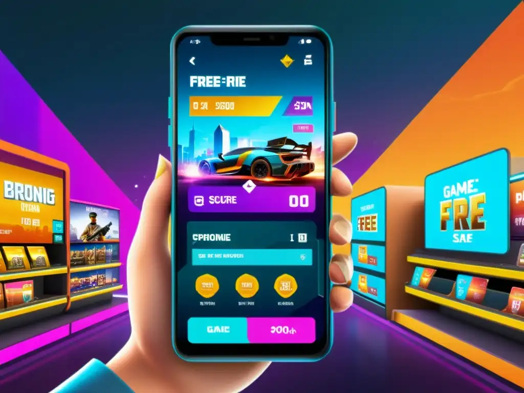 Un jugador de Free Fire explora la tienda del juego en su smartphone, con una interfaz moderna y colorida