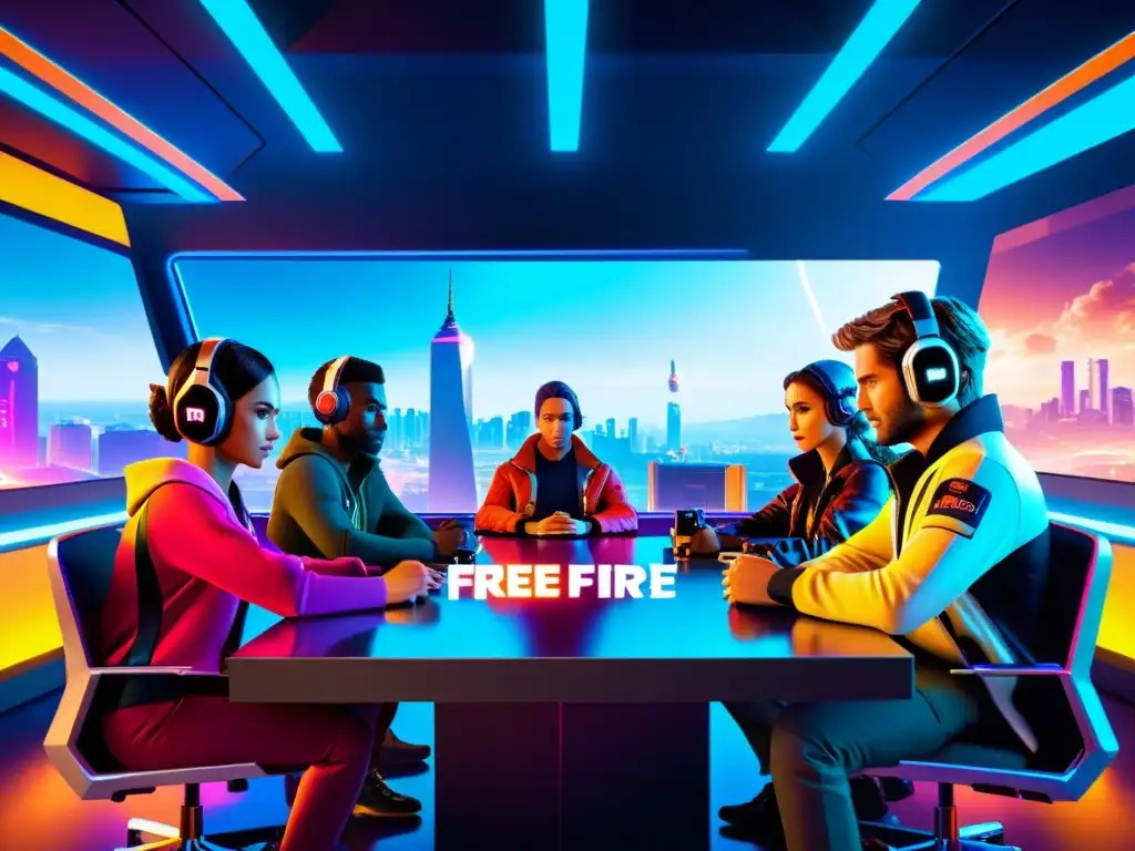 Jugadores de Free Fire construyendo alianzas en un entorno virtual futurista, equipados con tecnología de punta