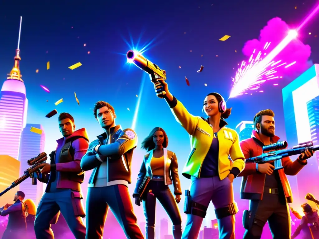 Jugadores de Free Fire celebrando en la batalla con confeti y armas, en un escenario futurista vibrante