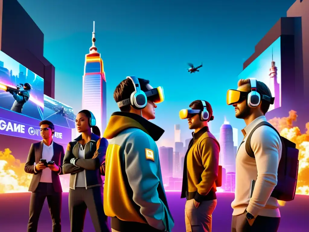 Jugadores de Free Fire en una batalla de realidad aumentada en una ciudad futurista, mostrando tecnologías emergentes