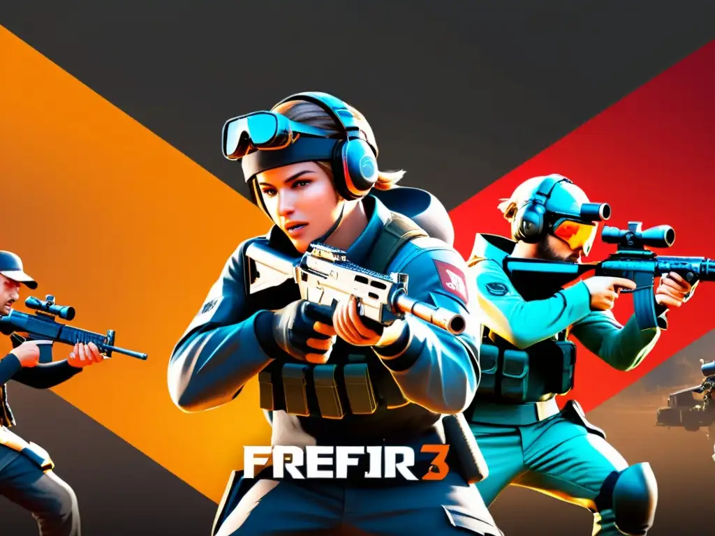 Jugadores de FreeFire en combate intenso, coordinando maniobras y estrategias para sobrevivir