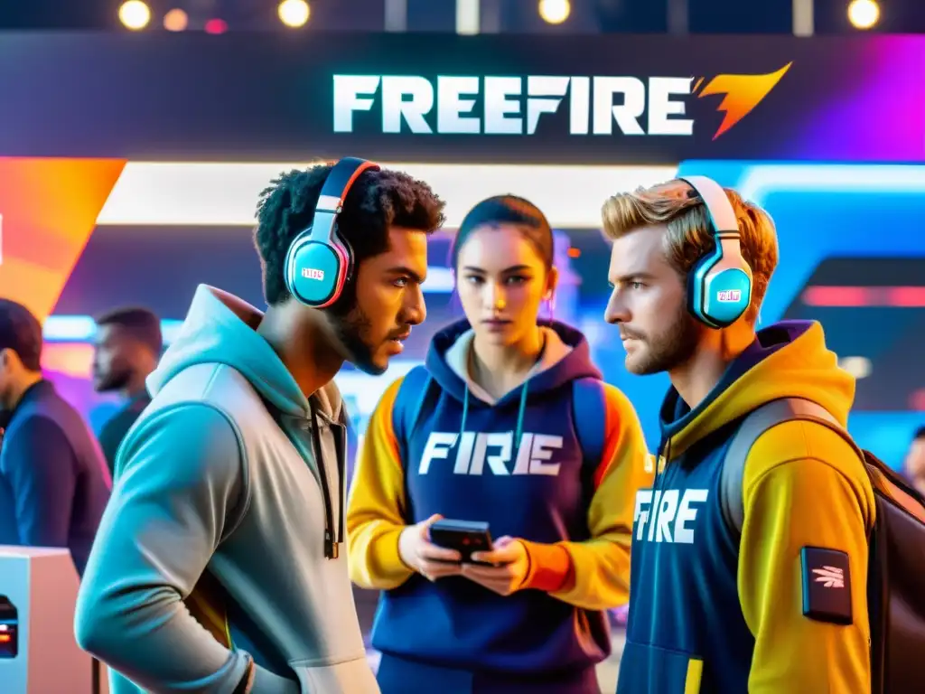 Jugadores de Free Fire coordinando compras en eventos de descuento, con enfoque y determinación, rodeados de tecnología gaming futurista