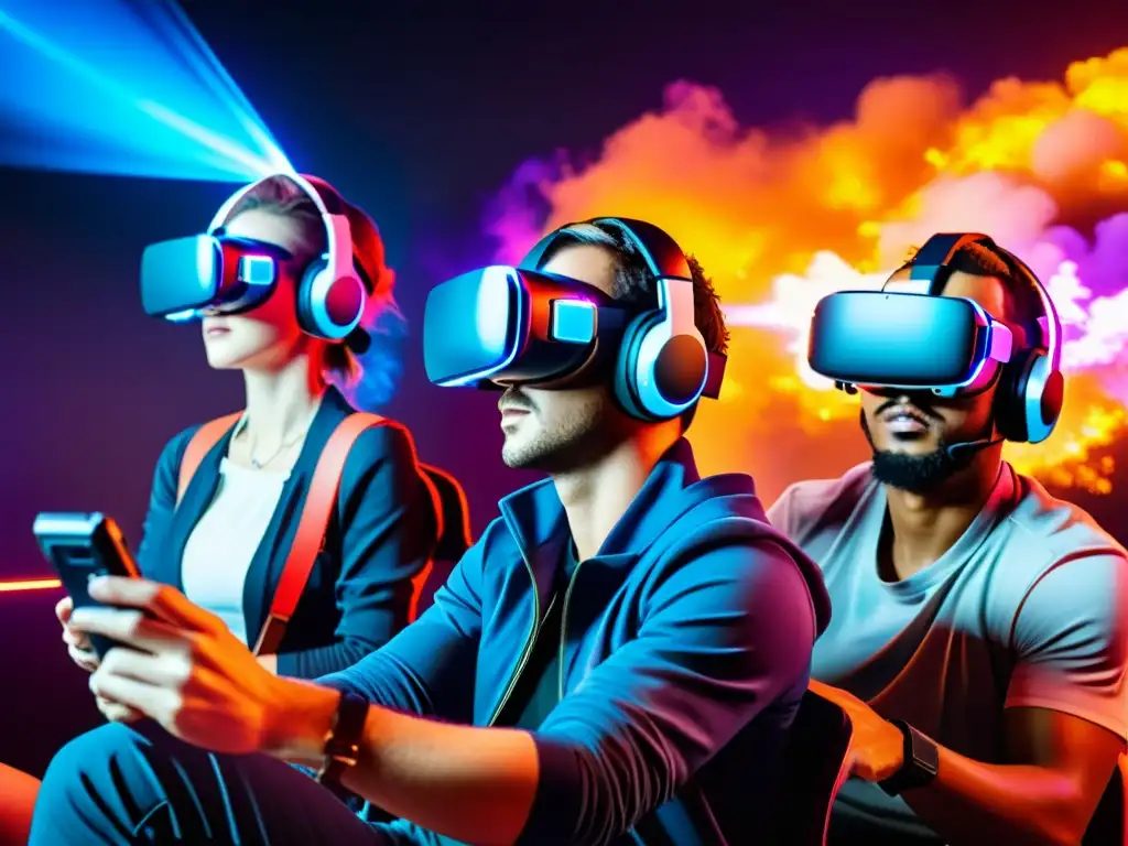 Jugadores concentrados con Cascos VR en promoción FreeFire, inmersos en intensa acción virtual y gráficos futuristas