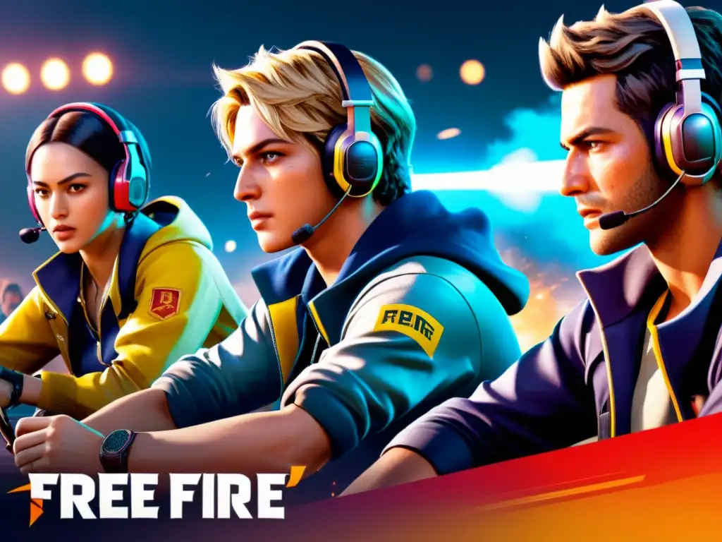 Jugadores de Free Fire concentrados en tácticas infalibles principiantes, con determinación en sus rostros y manos ágiles en los controles