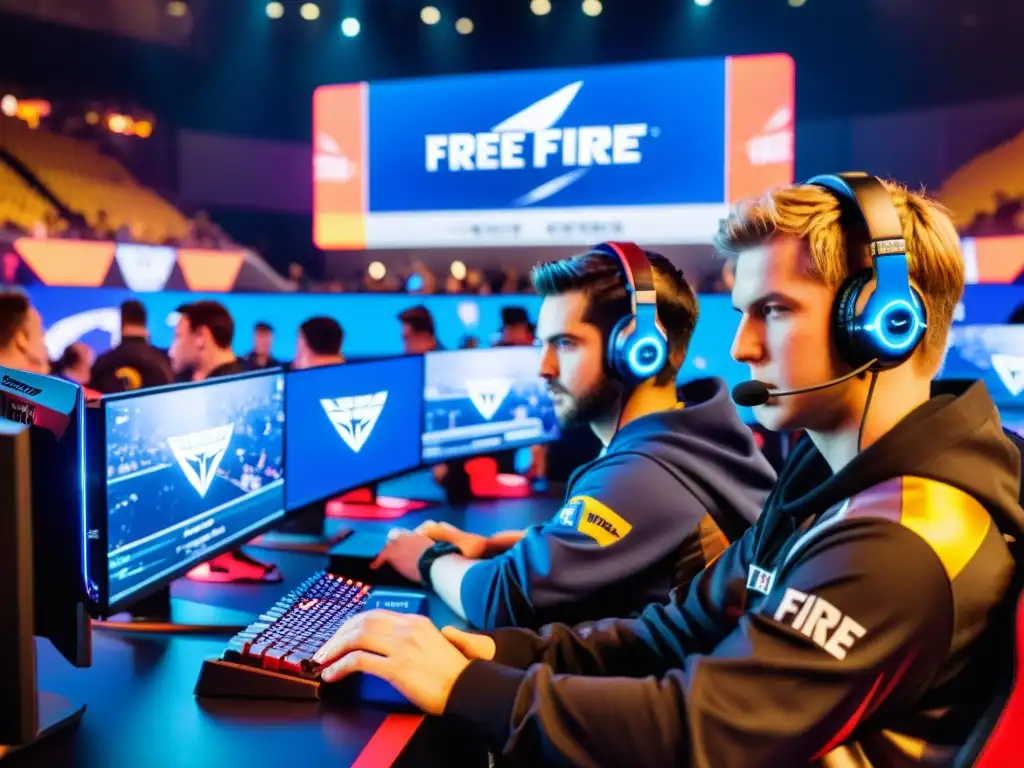 Jugadores concentrados compiten en torneo de Free Fire mientras la multitud observa atentamente, rodeados de logos de patrocinadores