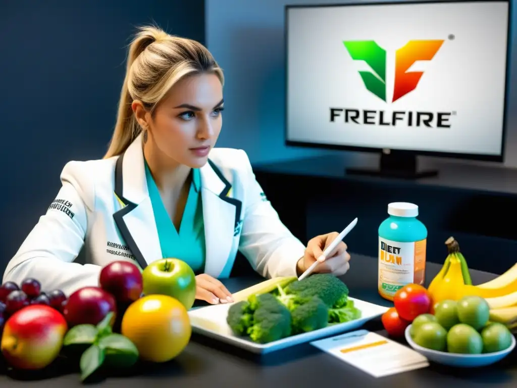 Nutrición para jugadores de FreeFire: Dietista planeando dieta personalizada con alimentos saludables para mejorar rendimiento y salud