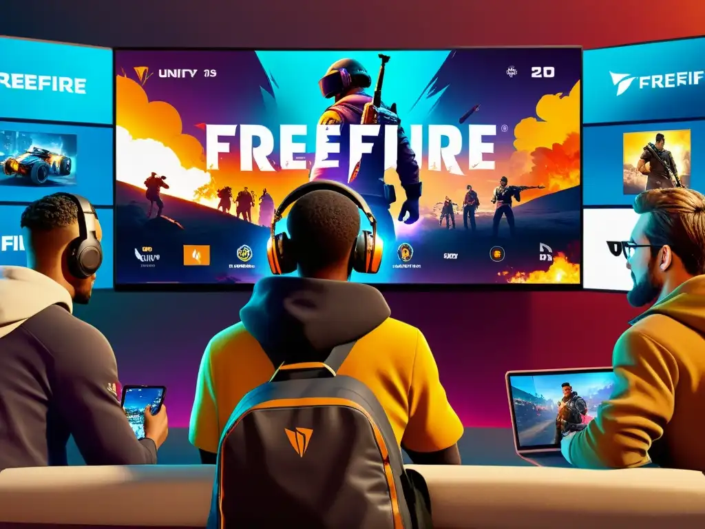 Jugadores diversos unidos en pantalla central con FreeFire, unificando experiencia de marca en dispositivos