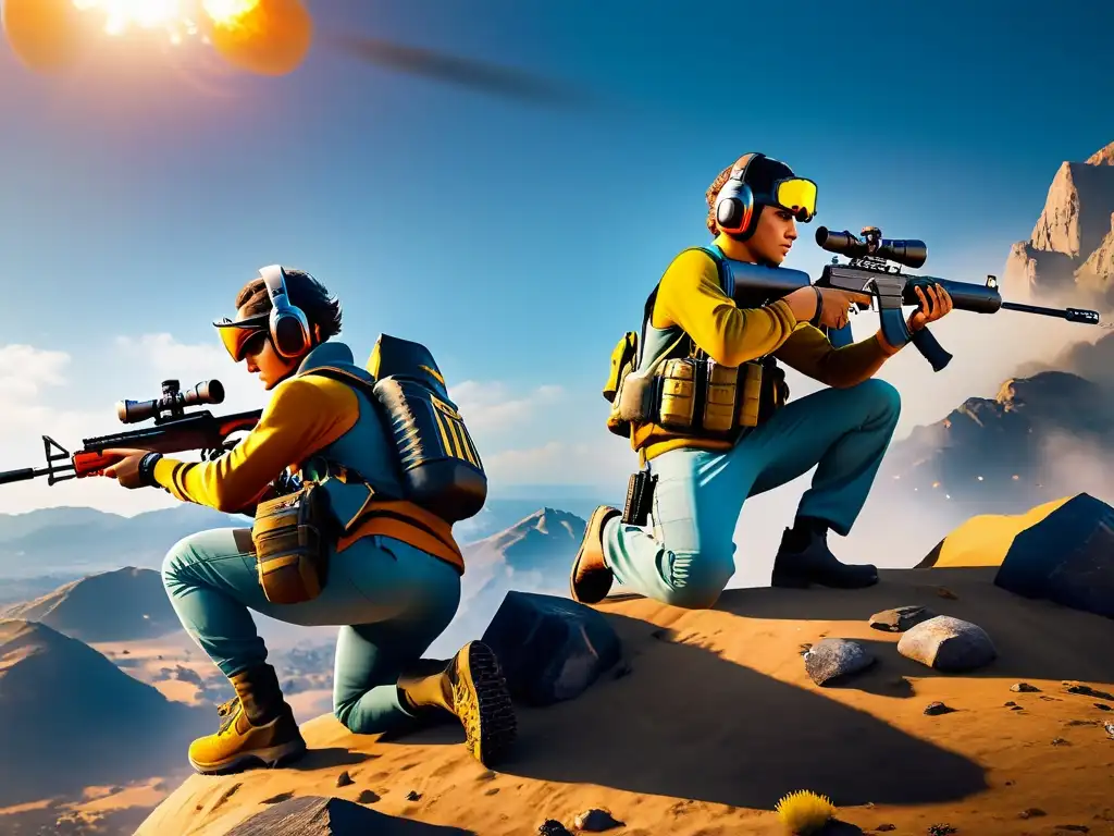 Jugadores de élite en Free Fire con armas de ráfaga estratégicamente posicionados en un punto alto, listos para la batalla