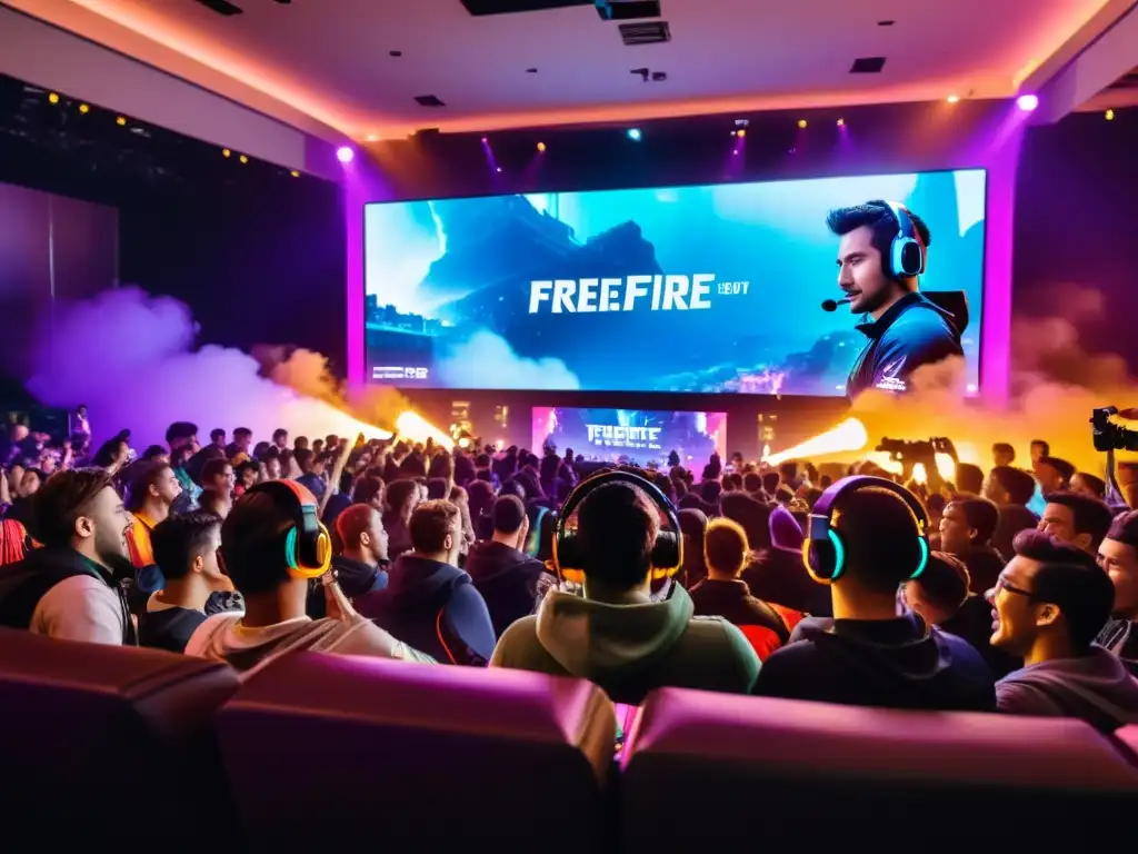 Jugadores emocionados compitiendo en un torneo de FreeFire, con luces LED coloridas creando un ambiente vibrante