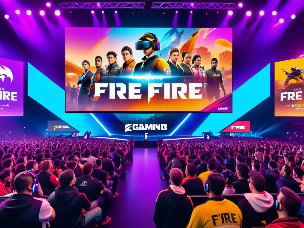 Jugadores compiten en escenario futurista de Free Fire, rodeados de patrocinios que transforman el juego en fenómeno global