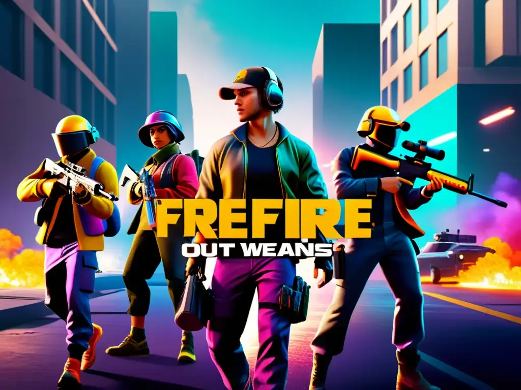 Jugadores de Free Fire trazan estrategias con armas para vencer enemigos en un entorno urbano denso, con intensa concentración y precisión táctica