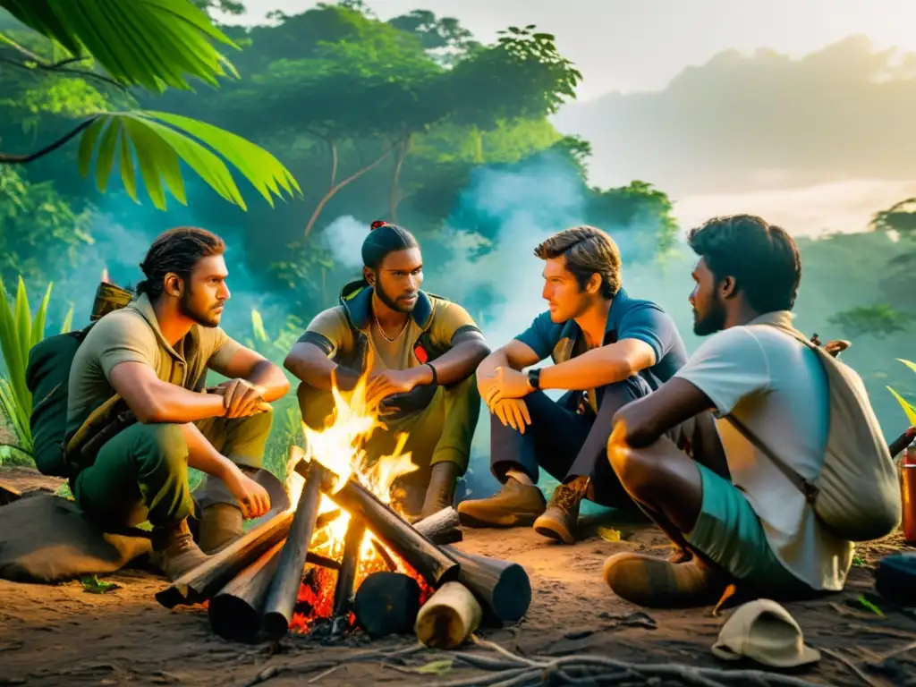 Jugadores de Free Fire planificando estrategias alrededor de una fogata en la selva