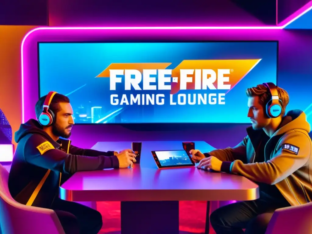 Jugadores de Free Fire colaborando en estrategias en un lounge futurista