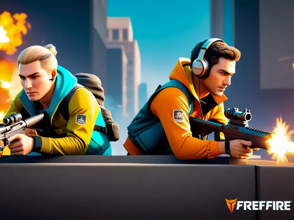 Dos jugadores de FreeFire en acción, estrategias y determinación en su mirada