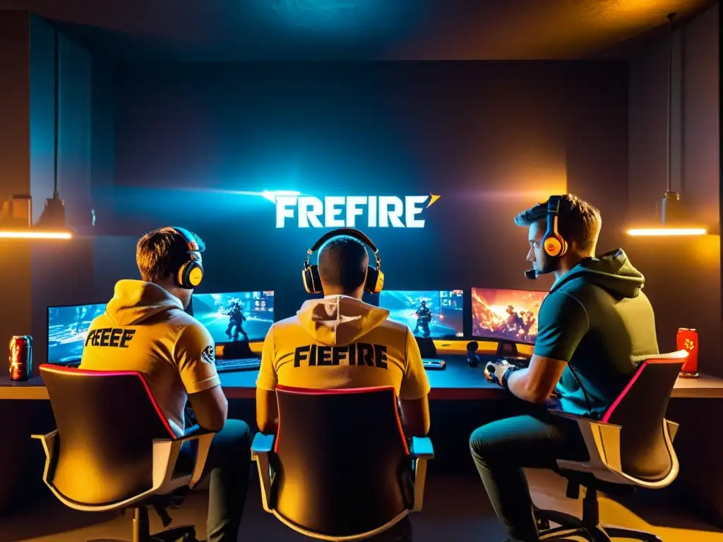 Jugadores de FreeFire planeando estrategias de victoria en una habitación con una atmósfera inmersiva y determinación en sus rostros