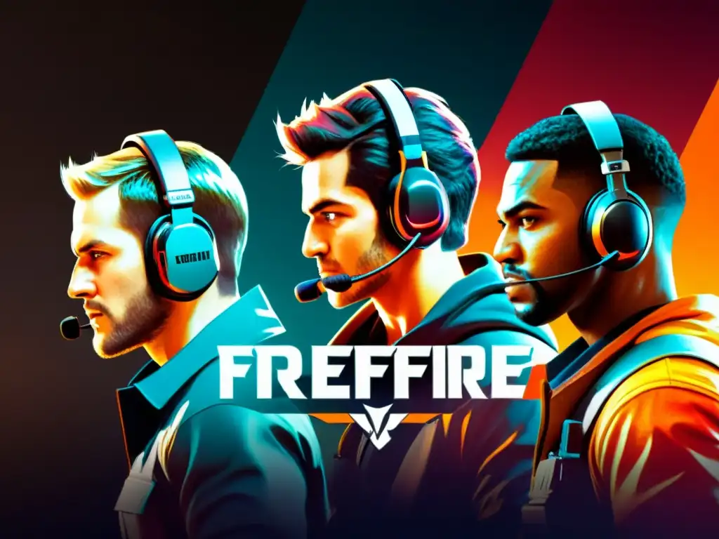 Cuatro jugadores de FreeFire en formación estratégica, comunicándose y coordinando movimientos