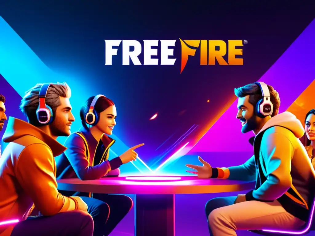 Jugadores de Free Fire participan animadamente en un foro, mostrando emoción y camaradería