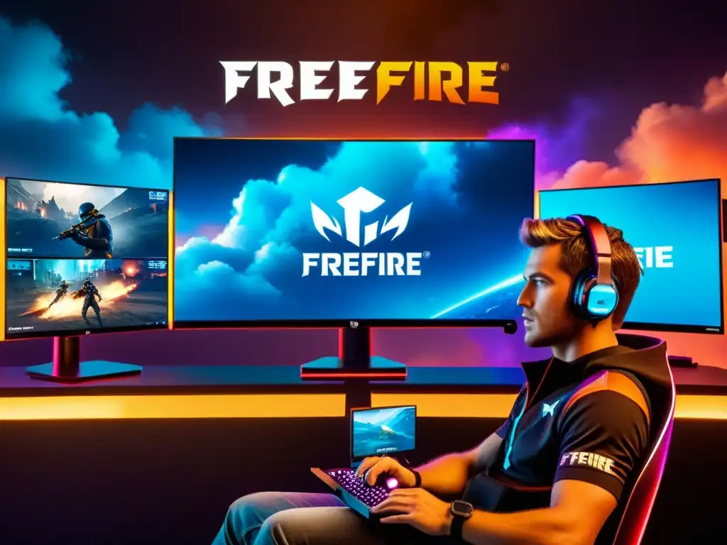 Jugadores de FreeFire inmersos en la intensa batalla, rodeados de tecnología de gaming futurista