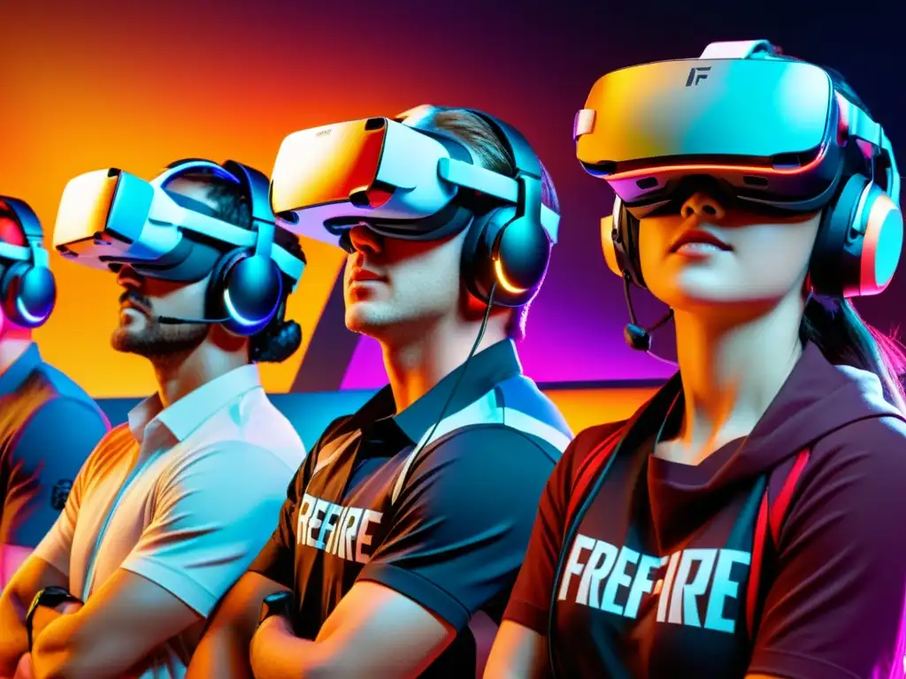 Jugadores de FreeFire inmersos en la realidad virtual en juegos móviles, concentrados en la batalla virtual