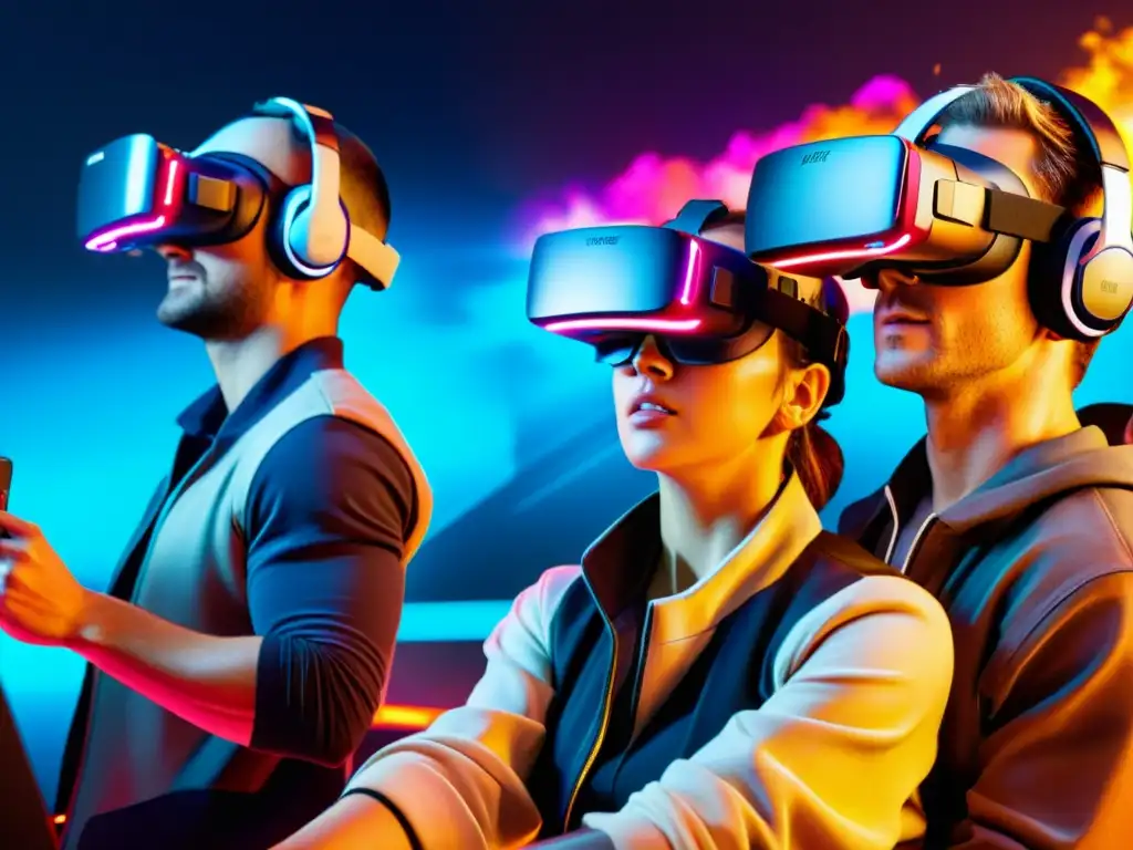 Jugadores inmersos en la vibrante Realidad Virtual en juegos móviles, concentración y emoción en sus rostros a través de los visores de VR