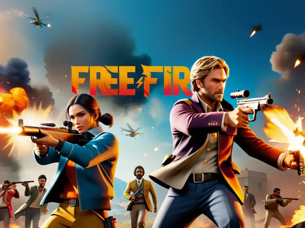 Dos jugadores en una intensa batalla en Free Fire, con balas y explosiones